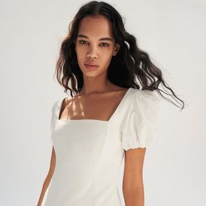 ZARA NWT WOMAN SHORT LINEN BLEND DRESS PUFF-SLEEVES WHITE